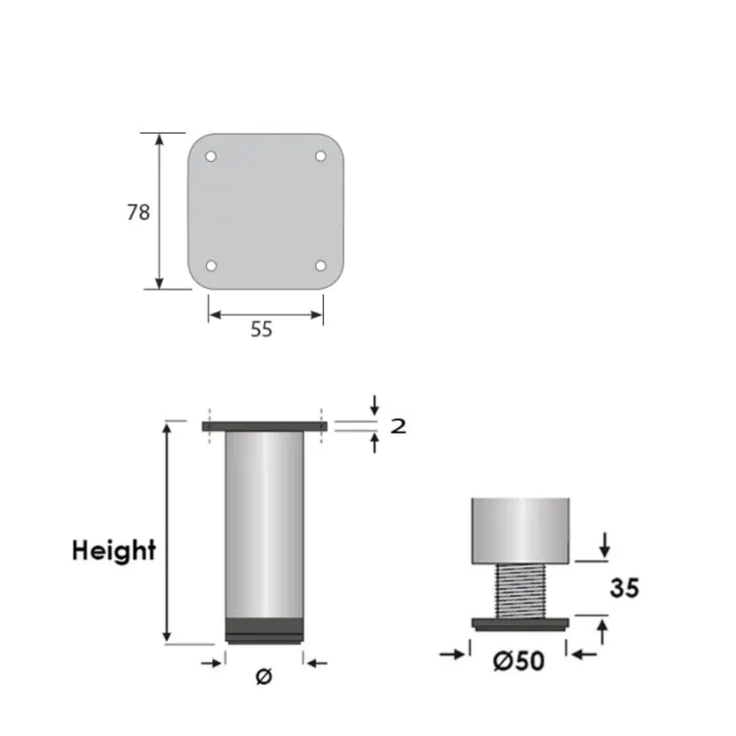 Stainless Steel Round Adjustable Legs - H100Mm X 50Mm